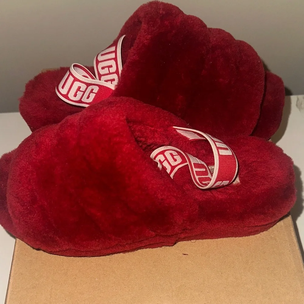 UGG Kids Red Plush Slide Sandals with Branded Heel Strap